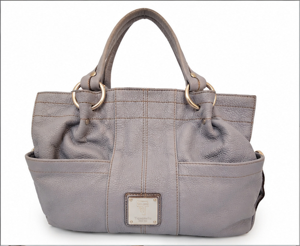 Tignanello Blue Gray Pebbled Leather Shoulder Bag Tote Purse Multi Pocket Zip